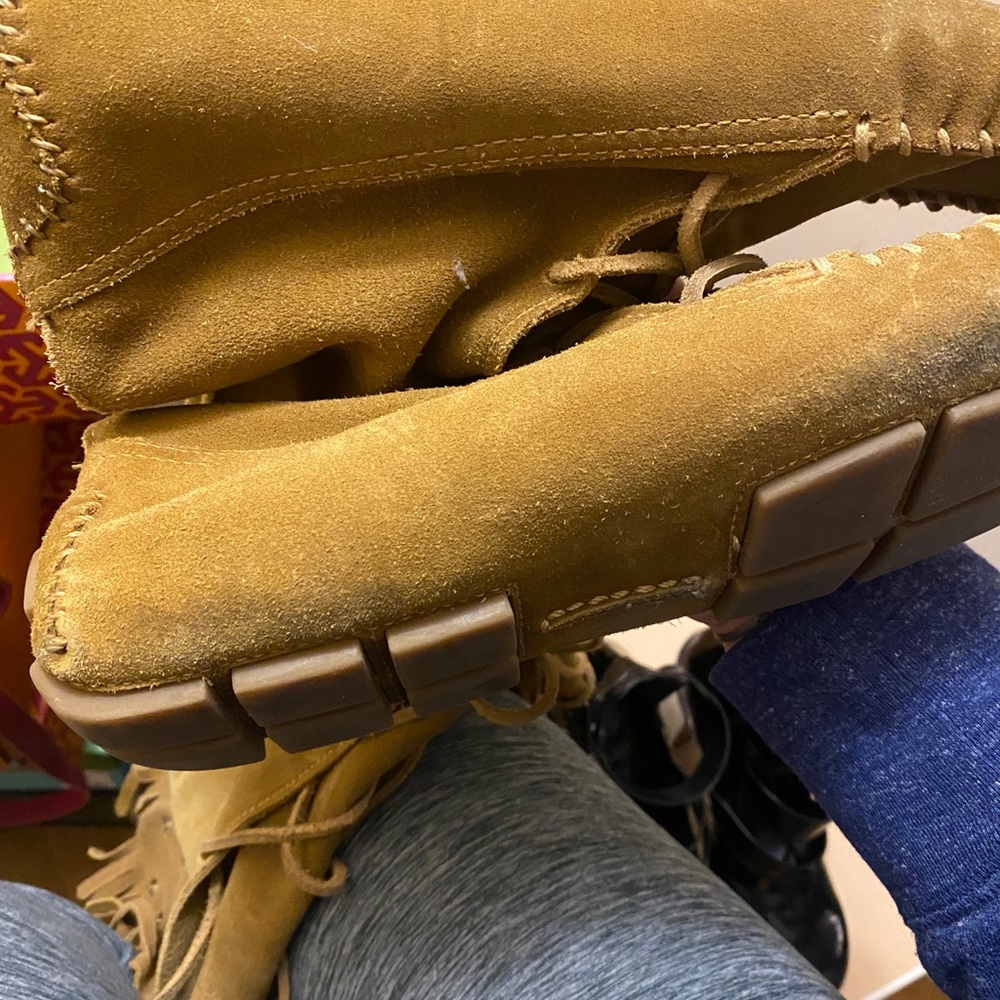 Tory Burch Suede Camel Moccasin Lace up Boots - Picture 16 of 16